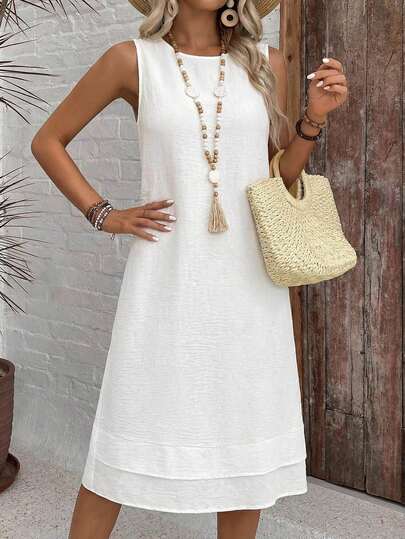 EMERY ROSE Vestido de verano casual de línea A de cuello redondo y unicolor, vestido de verano para mujer, casual