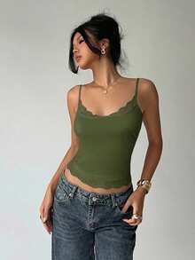 Aloruh Solid Color Fitted Lace Patchwork Casual Camisole Top, Summer - Army Green - View 6