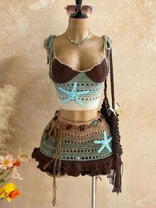 Soleia Women's Ombre Starfish Applique Hollow Out Knit Camisole Top And Knitted Mini Skirt Sexy 2-Piece Set, Suitable For Party, Evening, Date, Beach, Summer - Multicolor - View 4