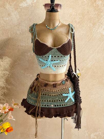 Soleia 女士渐变海星贴花镂空针织吊带背心和针织迷你裙性感两件套，适合派对、晚宴、约会、海滩、夏季等场合。