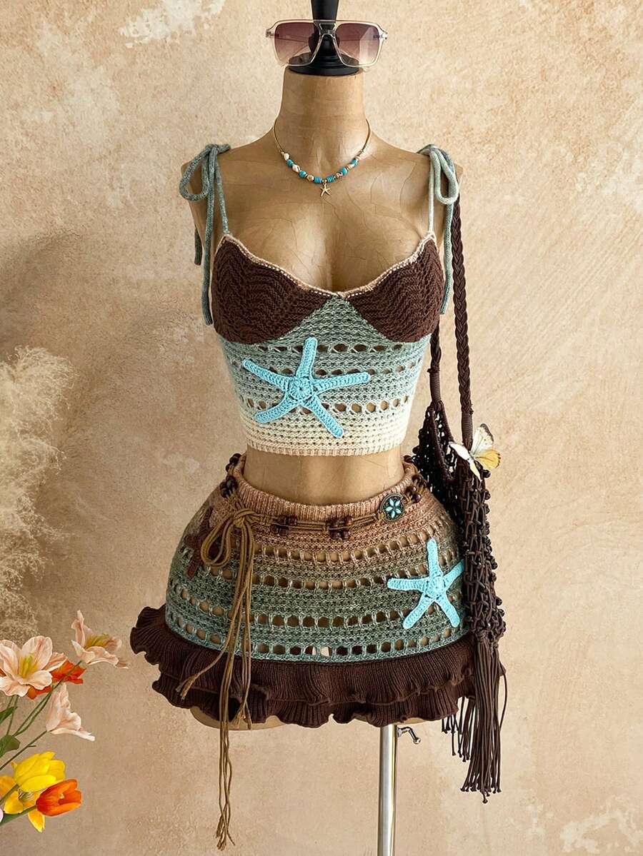 Soleia 女士渐变海星贴花镂空针织吊带背心和针织迷你裙性感两件套，适合派对、晚宴、约会、海滩、夏季等场合。 - 彩色 - 查看 1