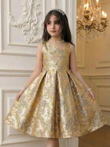 SHEIN Đầm dự tiệc sang trọng bằng satin màu vàng jacquard dành cho bé gái tuổi teen, kiểu dáng lệch vai, được trang trí cầu kỳ. - Vàng - Xem 6