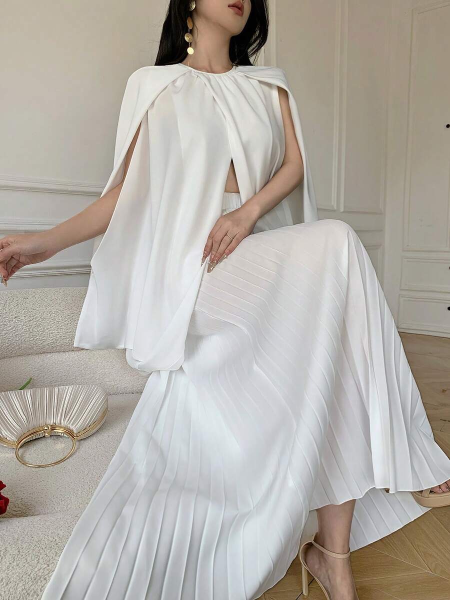 Celisse Bộ đồ nữ mùa xuân/hè mới: Chân váy dài xếp ly cổ tròn xẻ tà bất đối xứng, eo chun, 2 mảnh, thời trang thường ngày, thanh lịch. - trắng - Xem 1