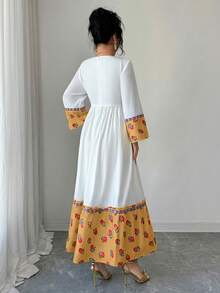 Yasmyna 女士优雅印花拼接喇叭袖流苏装饰腰带连衣裙，度假风，春秋季 - 黃色 - 查看 3