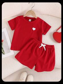 SHEIN 女童可爱爱心刺绣针织短袖T恤套装，时尚靓丽，适合休闲、运动、户外、度假等场合。 - 白色 - 查看 8