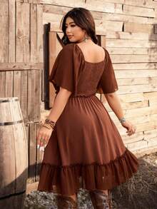 Ceyna Plus Size Square Neck Raglan Sleeve Short Dress,Chocolate Brown Summer Boho Vacation Holiday Casual Loose Fit Decorative Button Western Cowgirl Dress - Rust Brown - View 3
