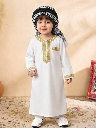 SHEIN 2pcs Young Boy Middle Eastern Casual Solid Color Gold Ribbon Vest Mandarin Collar Half-Open Abaya Set, Suitable For Autumn, Spring, Summer, Suitable For Outdoor Play, School, Street Photography, Parties, Holiday Gatherings, Ramadan Jalabiya, Ramadan