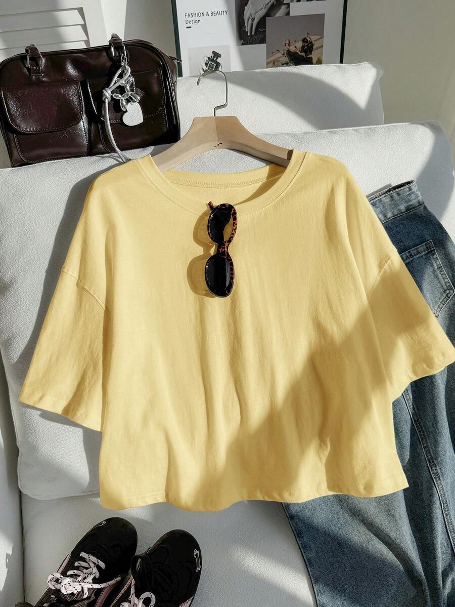Comfortcana Plus Size Solid Color Drop Shoulder Casual Short T-Shirt, Yellow, Tops Butter Summer Cotton Women - Yellow - View 1