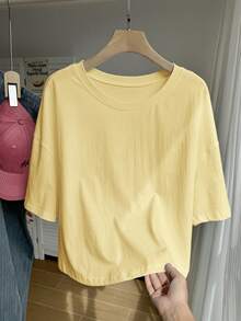 SHEIN EZwear Áo thun ngắn tay dáng rộng, màu trơn, vai rớt, màu vàng, cỡ lớn. - Màu vàng - Xem 5