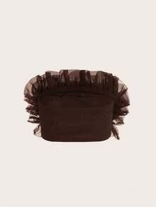 Revavyn Ruffle Trim Mesh Overlay Top Cute Funny Shirts  - Coffee Brown - View 2