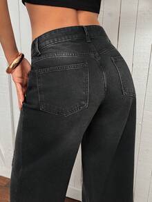 SHEIN 女款寬鬆牛仔褲 Y2k 兩件式牛仔套裝 女款低腰寬腿牛仔褲 黑色牛仔褲 女款牛仔褲 - 黑色 - 查看 6