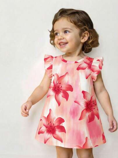 SHEIN Playful Pals Baby Girl Colorful Tie Dye Tie Dye Floral Print Knit Ruffle Hem Casual Dress, Summer