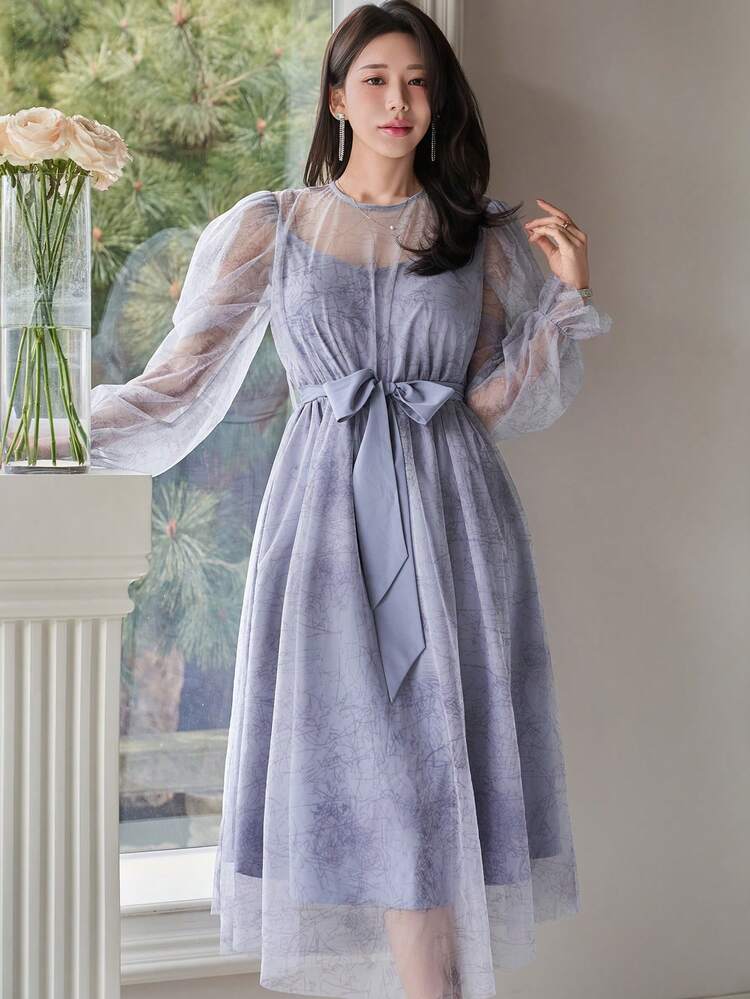 Women's Elegant Floral Print Waist Belt Puff Sleeve Mid-Length Dress, Spring/Summer Wedding Guest Dress Maxi Dress Sundress