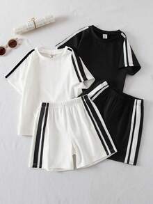 4pcs/Set Boys' Contrast Color Ribbed Crew Neck Raglan Sleeve Pullover Top And Casual Shorts Set White,Summer Young Boys Tracksuits Gym Clothes Kids - Black and White - View 1