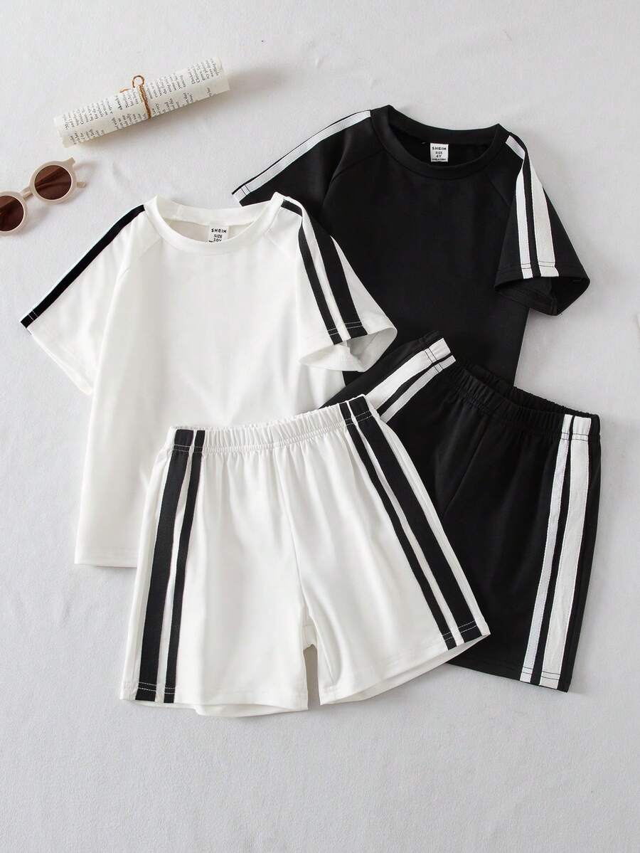 4pcs/Set Boys' Contrast Color Ribbed Crew Neck Raglan Sleeve Pullover Top And Casual Shorts Set White,Summer Young Boys Tracksuits Gym Clothes Kids - Black and White - View 1