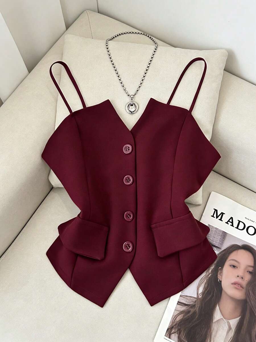 Franclia 休闲时尚百搭系带不对称下摆女式迷你裙，卡其色，夏季新品 - 酒紅色 - 查看 1