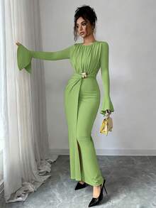 Elenzga Women's Spring Elegant Elegant Simple Solid Color Ruffle Sleeve Metal Decor Pleated Waist Dress - Limelight Green - View 4