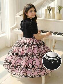 1pc Tween Girls' Black & Pink Jacquard Dress,Puff Sleeve,Faux Pearl Collar,A-Line,Black Floral,Autumn,Elegant,Wedding Guest Party Wear For Teens Girl - Black - View 1