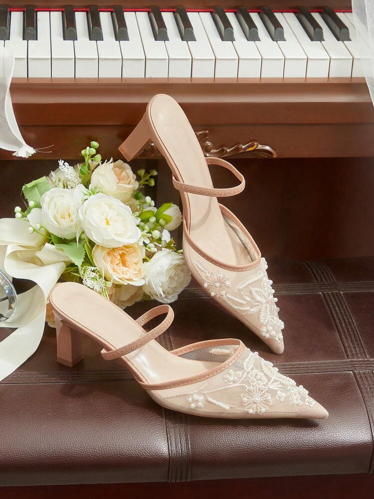 CUCCOO HITCHD Women Shoes Four Seasons New Embroidery Beaded Pointed Thick Heel High Heel Mesh Women's High Heel Shoes Instep With Dew Heel Shoes Elegant Temperament Fashion Wedding Valentine's Day Tea Elegant Wear