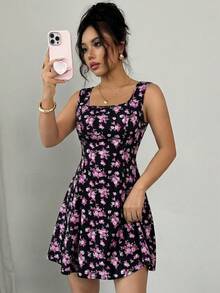 Rafferiza Đầm chữ A không tay dành cho nữ, họa tiết hoa nhí, cổ vuông và thắt eo. - Đỏ và đen - Xem 3