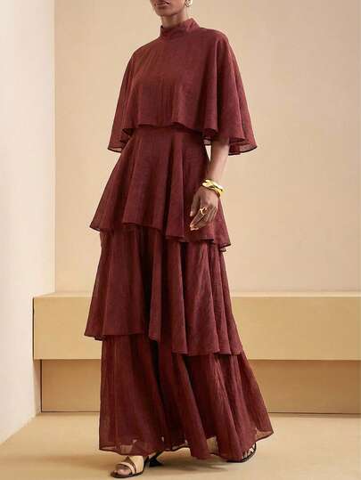 Zivah 2025 Vårnyhet Volangtopp med halvhög krage och 3-lagers böljande fåll, transparent brunt vävt tyg, extra lång kakkjol för kvinnor