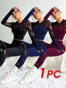 Slayform 植绒和网眼拼布抽绳连帽衫和裤子无缝运动套装健身女士套装女士紧身裤套装 - 黑色 - 查看 2