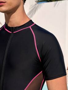 Zalmeno Bañador de una pieza de manga corta y cuello alto con cremallera, corte slim, para hombre. Traje de baño de hombre de una pieza con manga corta - Negro - Ver 5