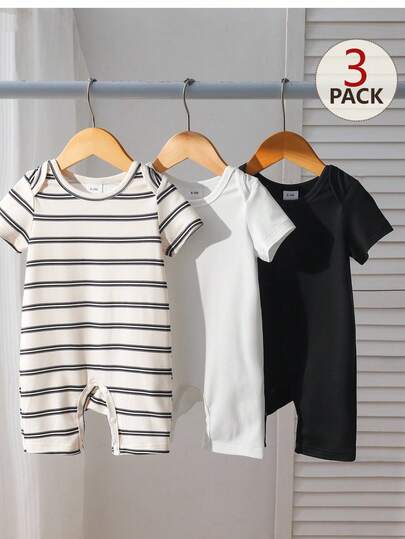 SHEIN 3pcs/Set Baby Boys Cute Knitted Elastic Striped Short Sleeve Romper, Basic Set, Spring/Summer