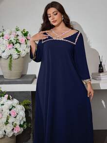 Al Najma Đầm dài tay dáng rộng thoải mái kiểu Ả Rập dành cho nữ cỡ lớn, khoét ren, phối ren, kiểu dáng thường ngày. - Màu xanh hải quân - Xem 6