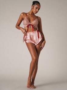 SHEIN BAE Lace Cami Top & Tie Side Shorts PJ Set - Baby Pink - View 9
