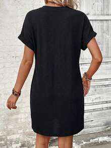 EMERY ROSE 女士休闲纯色V领迷你连衣裙，夏季 - 黑色 - 查看 2