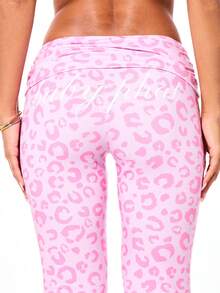 BABYPHAT Fold Over Waistband Flare Bottom Leopard Print Pink Leggings With Bell Bottom Cut For Valentine's Day - Pink - View 2