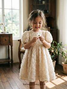 Cozy Pixies 少女玫瑰花卉网纱圆领泡泡袖收腰连衣裙，姐妹装，适合情人节 - 杏色 - 查看 3