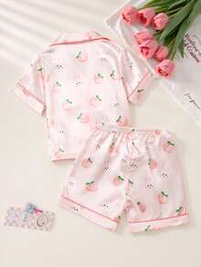 SHEIN 2pcs Baby Girls' Cute & Fresh Light Pink Cartoon Rabbit & Peach All-Over Print Cardigan Short Sleeve Top And Shorts Pajama Homewear Set - Multicolor - View 3
