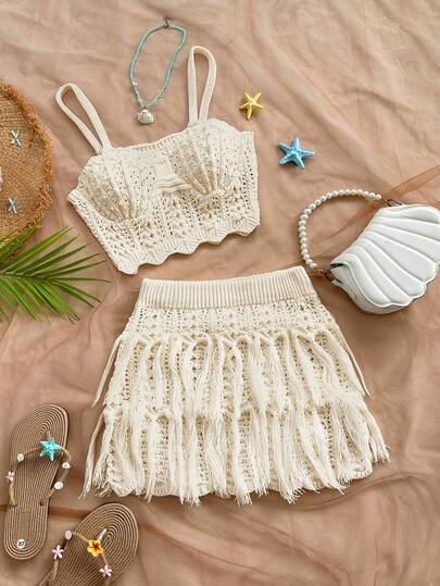 Soleia Women's Summer Sexy Beach Vacation Style Solid Color Hollow Out Camisole Knit Top And Fringe Skirt 2-Piece Set, Bohemian, Holiday, Date, Afternoon Tea