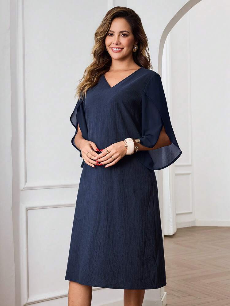Women's Elegant Navy Blue Summer Vacation Dress,Pure Cotton V-Neck Chiffon Cape Sleeve Midi Skirt With Belt,Perfect For Tea Party And Beach Outings