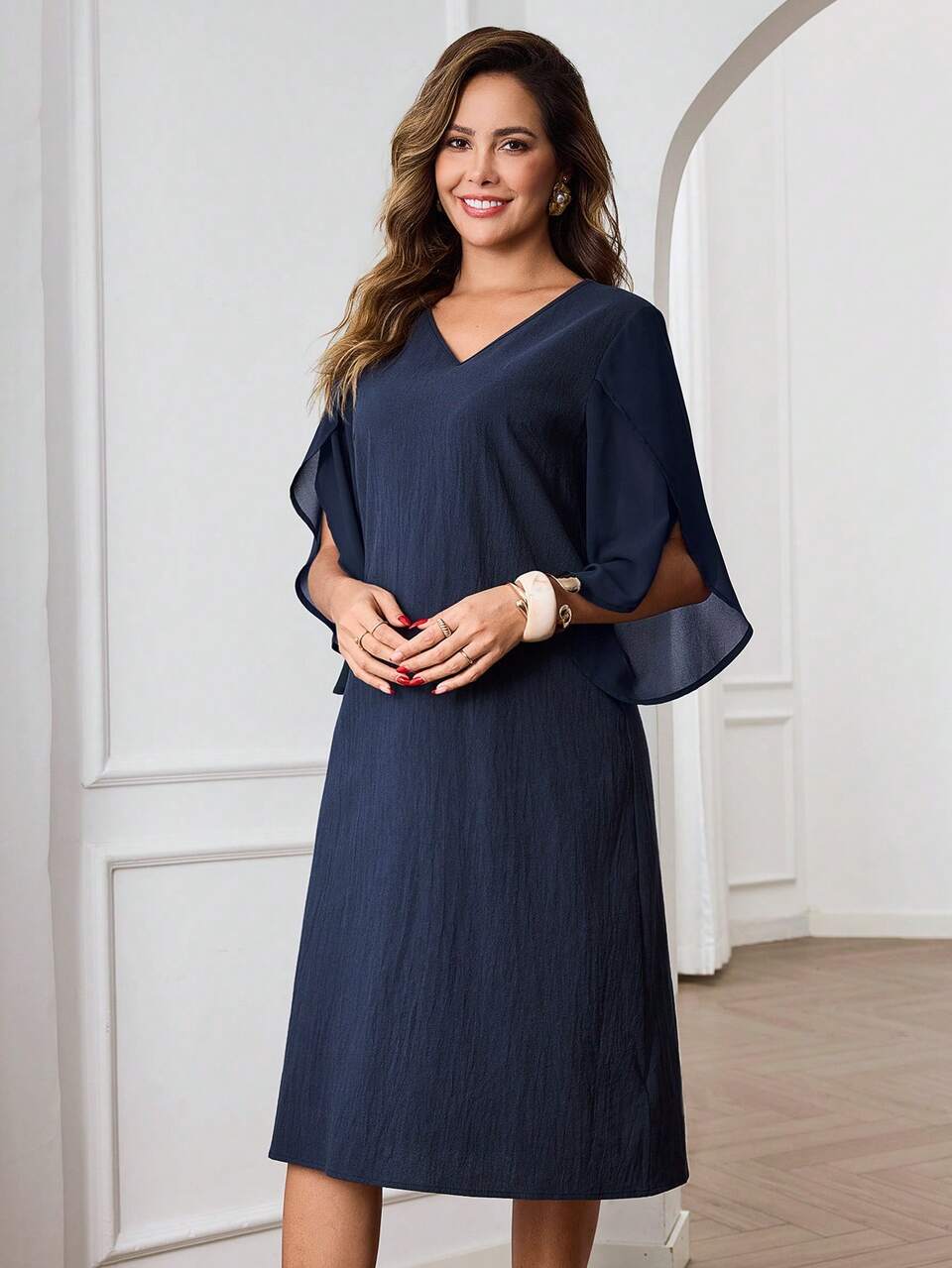 Women's Elegant Navy Blue Summer Vacation Dress,Pure Cotton V-Neck Chiffon Cape Sleeve Midi Skirt With Belt,Perfect For Tea Party And Beach Outings