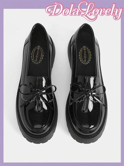 Dola Lovely Women Shoes College Sweet Cool Bow Decorative Round Toe Platform Sole Glossy Brown Loafers Daily Campus Wear