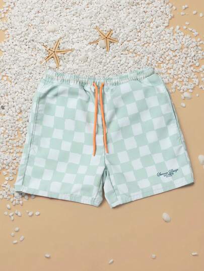 SUMWON 男童夏季棋盘格泳裤，带抽绳腰带和侧袋，沙滩泳裤