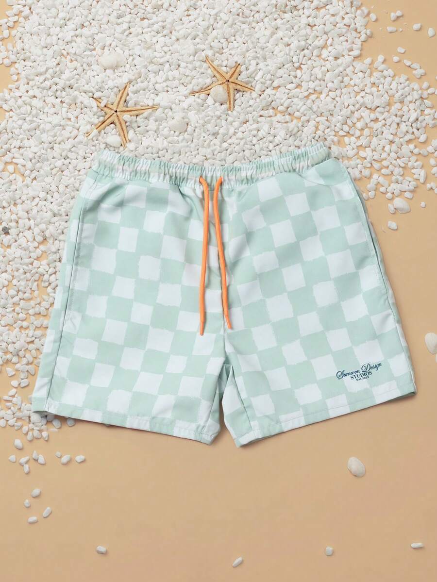 SUMWON 男童夏季棋盘格泳裤，带抽绳腰带和侧袋，沙滩泳裤 - 綠色 - 查看 1