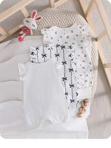 SHEIN Bộ 3 món áo liền quần dệt kim họa tiết hoạt hình dễ thương cho bé gái sơ sinh, thích hợp cho mùa hè. - Nhiều màu - Xem 2