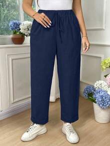 Breezaya Quần ống rộng nữ cỡ lớn màu trơn, cạp chun có dây rút, túi, chất liệu cotton. - Xanh đậm - Xem 4