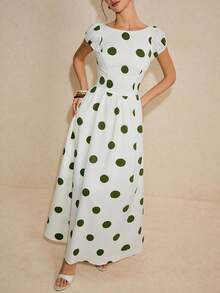 Poéselle 女士波点印花船领露背休闲连衣裙 - 綠色 - 查看 4