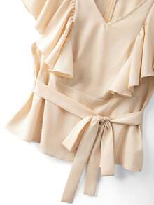 GlowEve CURVE Plus Size Women's New 2-Piece Set, V-Neck Chiffon Ruffle Tie Bow Blouse And Loose Pants, Spring/Summer - Apricot - View 10