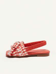 Cozy Pixies A Pair Of Girls' Orange And White Plaid Pearl Bow Summer Elastic Open-Toed Sandals, Suitable For Daily Wear, With Skirts, Summer Beach Leisure Play, Weekend Outing Party Princess Style Vacation - Orange - View 9