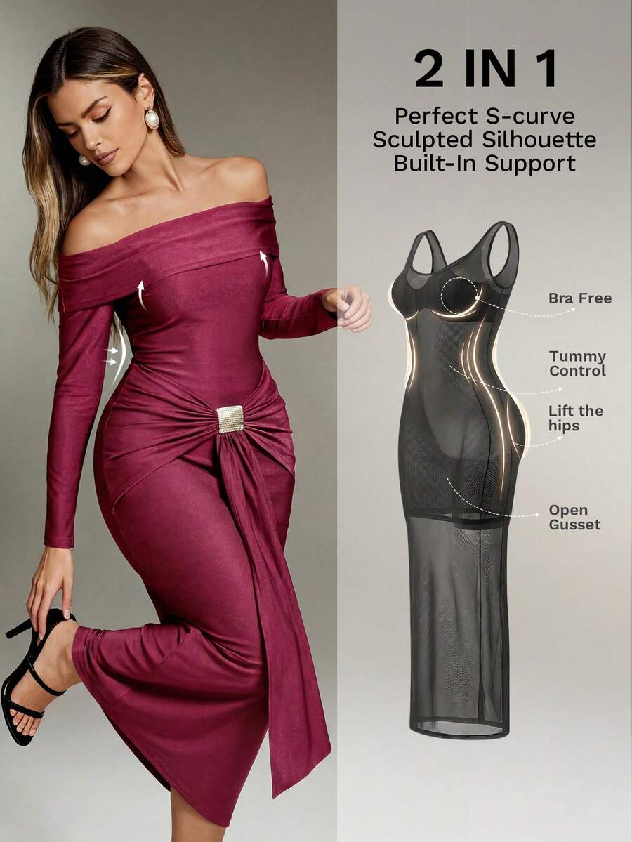 Nuvra Vestido de control de abdomen de manga larga con doble capa y forro, moldeador corporal de longitud completa que adelgaza la cintura y levanta el trasero - Rojo violeta - Ver 1