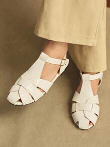 Rosivie 春夏新款白色闭趾编织镂空复古设计平底女鞋情人节特惠 - 白色 - 查看 6