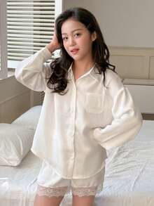 DAZY Tween Girls' Dropped Shoulder Long Sleeve Front Button Loose Casual Loungewear - White - View 2