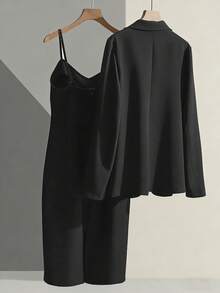 Franclia Casual Khaki Blazer Jacket Paired With Spaghetti Strap Waist Cinched Straight Dress, Women's 2 Pieces Set, Suitable For Spring/Autumn, Business/Casual Wear - Black - View 2