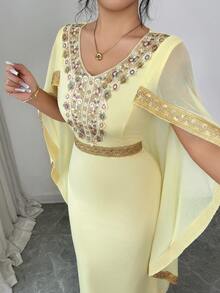 SHEIN Raffinéa 女士圆领贴花披肩设计优雅长裙 - 黃色 - 查看 4